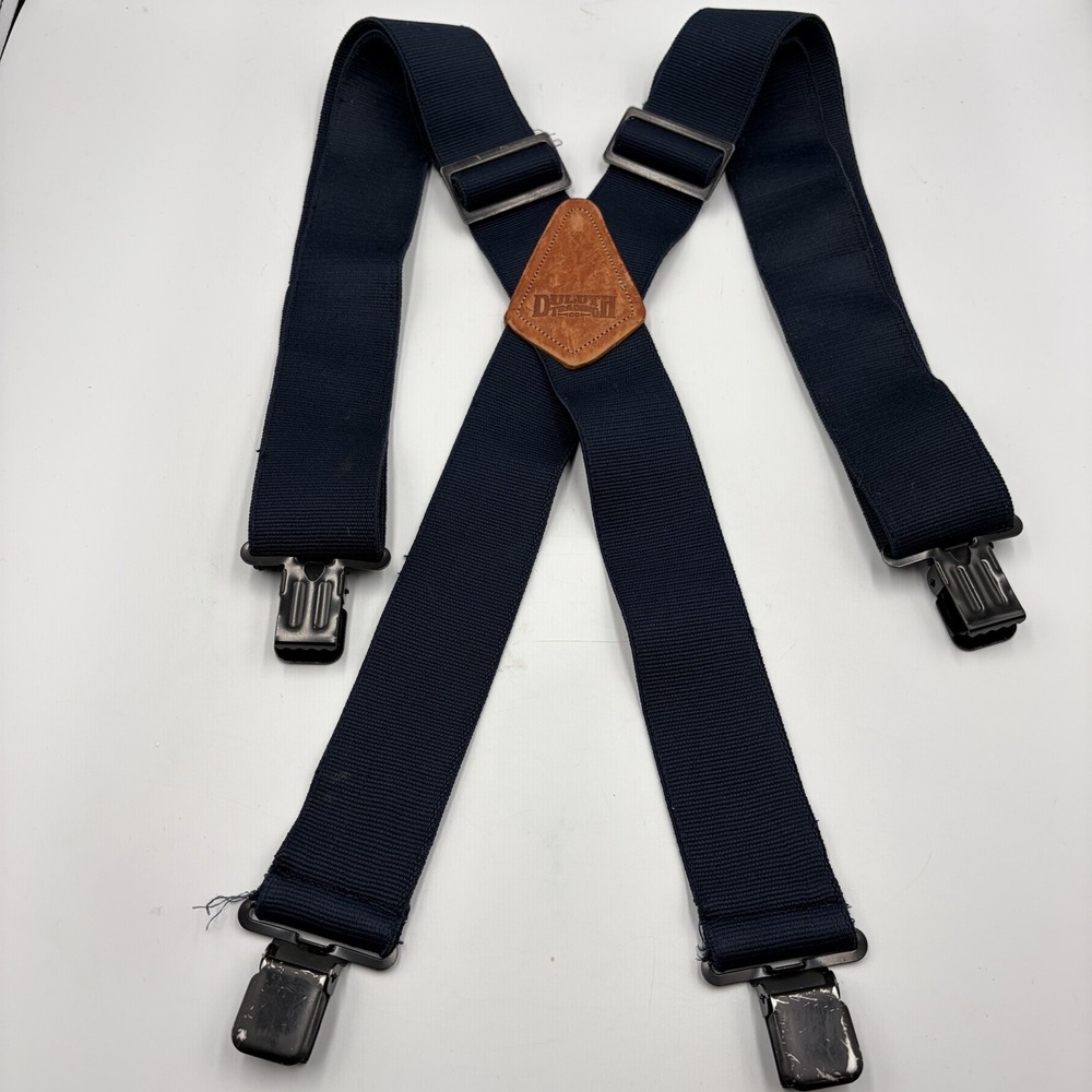 Duluth Trading Co Mens Elastic Y-Back Suspender Blue Leather Brass Adjust Work - Picture 1 of 9
